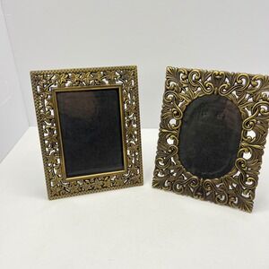 Gold Ornate Picture Frame Set of 2 Vintage 3.5 x 5" Filigree Floral Victorian